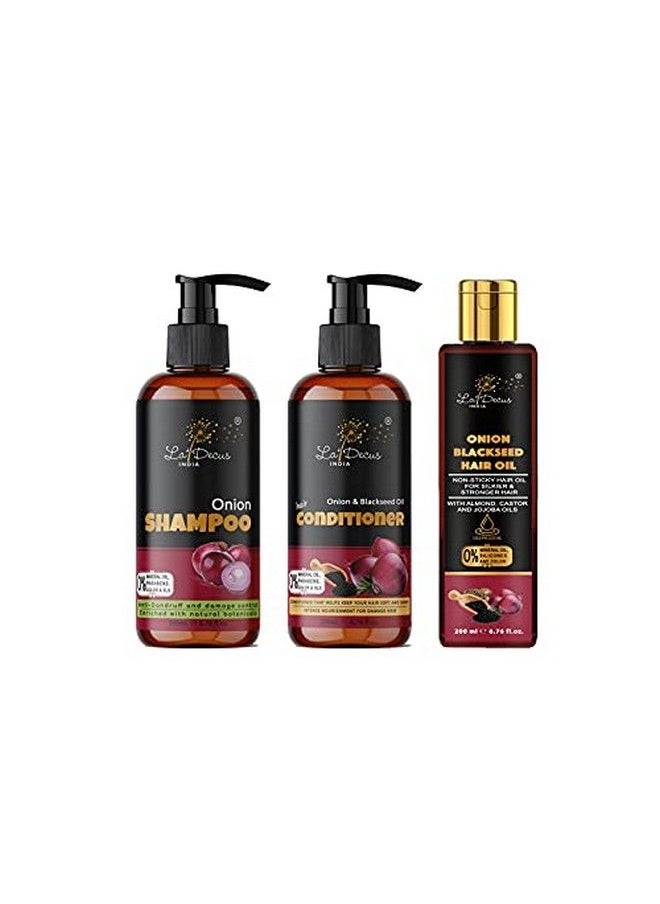 La' Decus INDIA - La’ Decusindia Onion Hair Care Kit With Onion Black Seed Hair Oil + Conditioner + Shampoo For Hair Growth With Anti Dandruff And Damage Control Properties Combo Kit Pack Of 600 Ml - Image 1