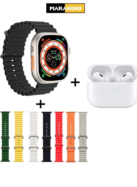 The smart package, the Ultra Watch, supports wireless charging, supports sports modes and calls, with seven Straps and earbuds Pro headset.