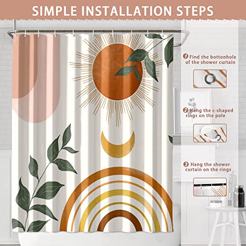 Ghroiep Mid Century Abstract Boho Orange Aesthetic Shower Curtain Set, Spring Summer Pink Green Nature Leaf Sun Modern Minimalist Home Bathroom Curtain Decor with 12 Hooks 72x72 Inches - Image 2