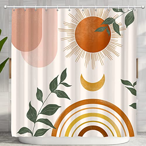 Ghroiep Mid Century Abstract Boho Orange Aesthetic Shower Curtain Set, Spring Summer Pink Green Nature Leaf Sun Modern Minimalist Home Bathroom Curtain Decor with 12 Hooks 72x72 Inches - Image 1