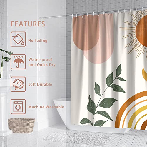 Ghroiep Mid Century Abstract Boho Orange Aesthetic Shower Curtain Set, Spring Summer Pink Green Nature Leaf Sun Modern Minimalist Home Bathroom Curtain Decor with 12 Hooks 72x72 Inches - Image 4