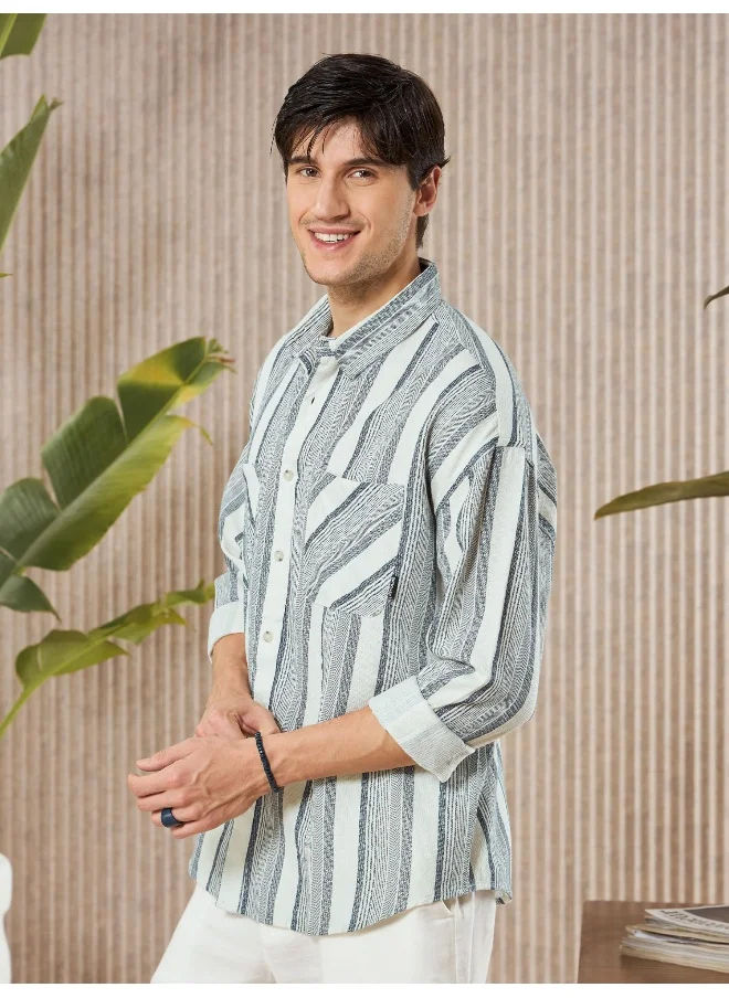 Beyoung White and Blue Striped Urban Shirt for Men