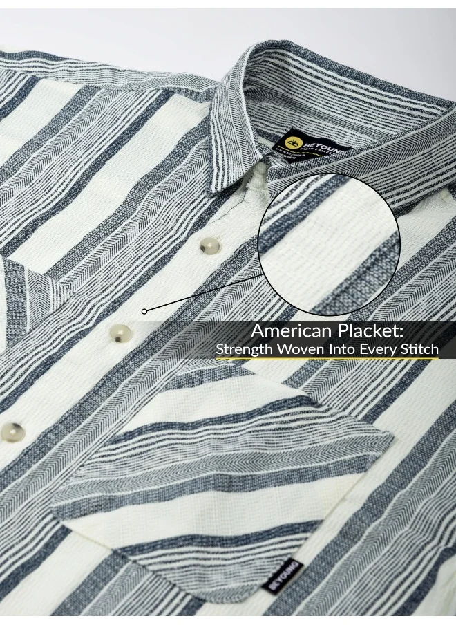Beyoung White and Blue Striped Urban Shirt for Men