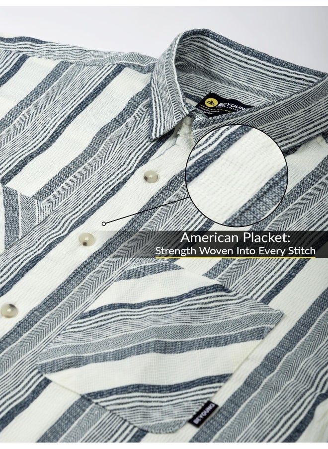 Beyoung White and Blue Striped Urban Shirt for Men  - Image 5