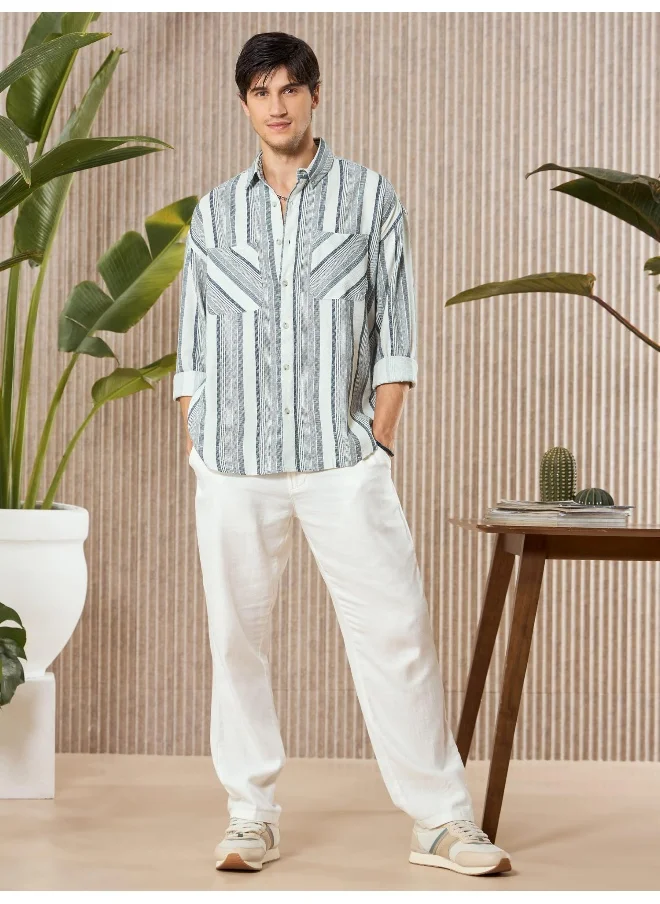 Beyoung White and Blue Striped Urban Shirt for Men