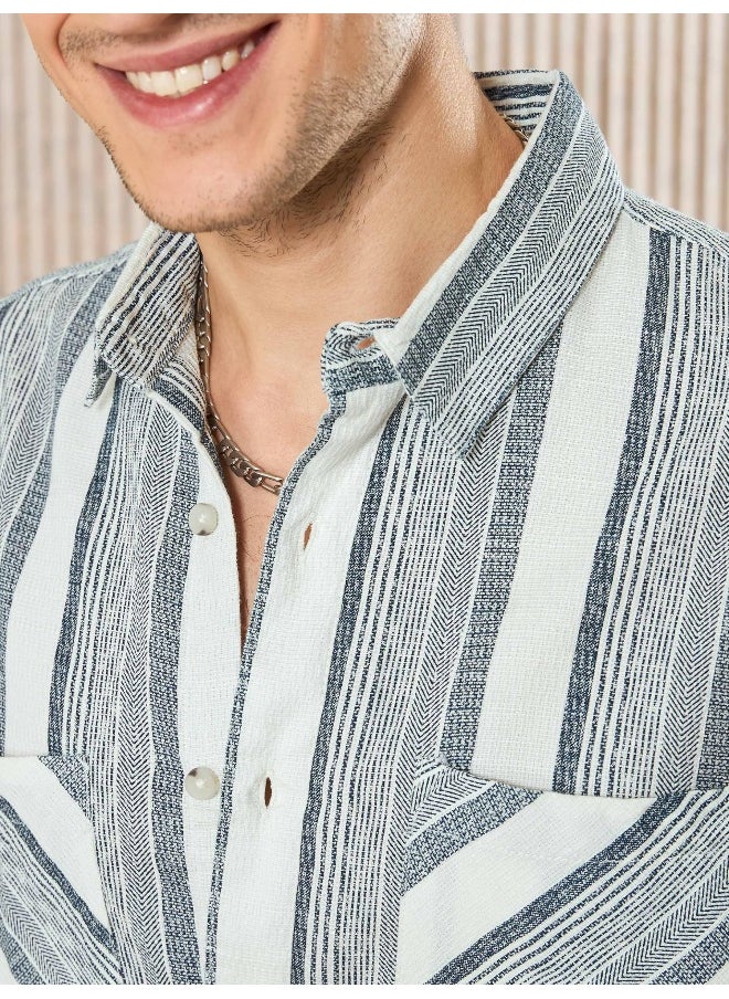 Beyoung White and Blue Striped Urban Shirt for Men  - Image 2