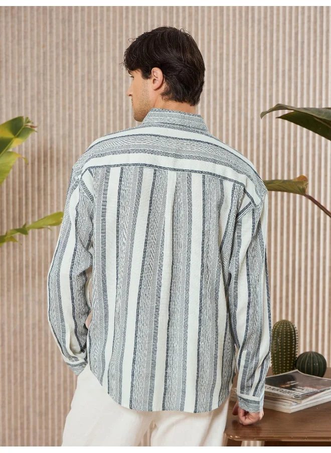 Beyoung White and Blue Striped Urban Shirt for Men