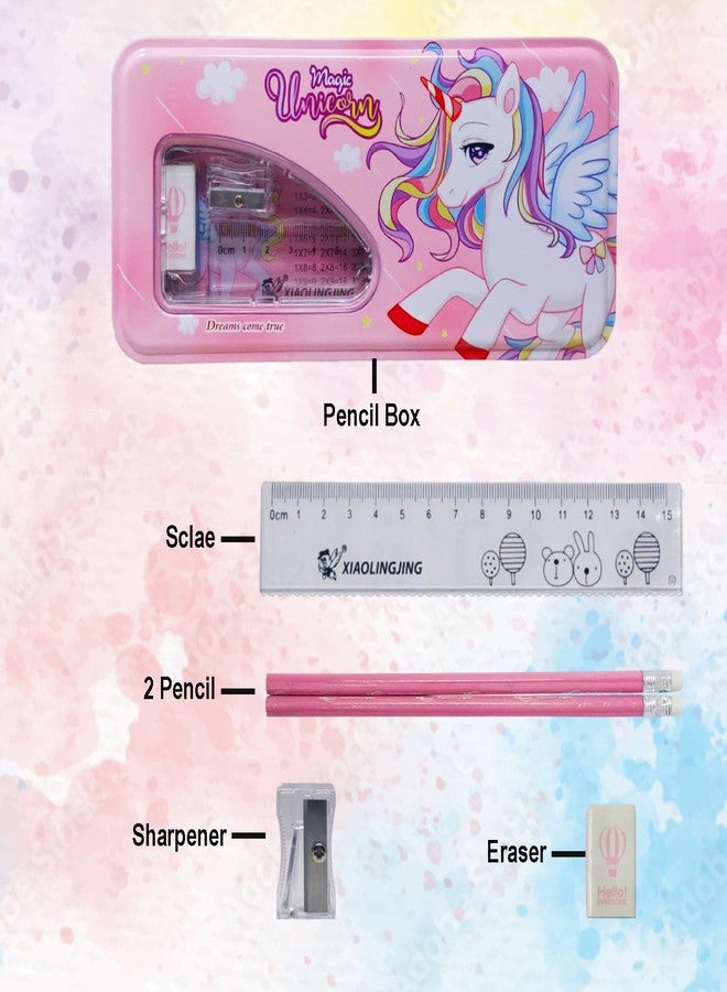 PARTEET Pink Combo Pack Of Cartoon Printed Metal Pencil Box Case With 2Pencils, 1Eraser, 1Scale, 1Sharpener, Stationery Set Double Layer Organizer For Kids, Birthday Return Gift (Assorted) - Image 3
