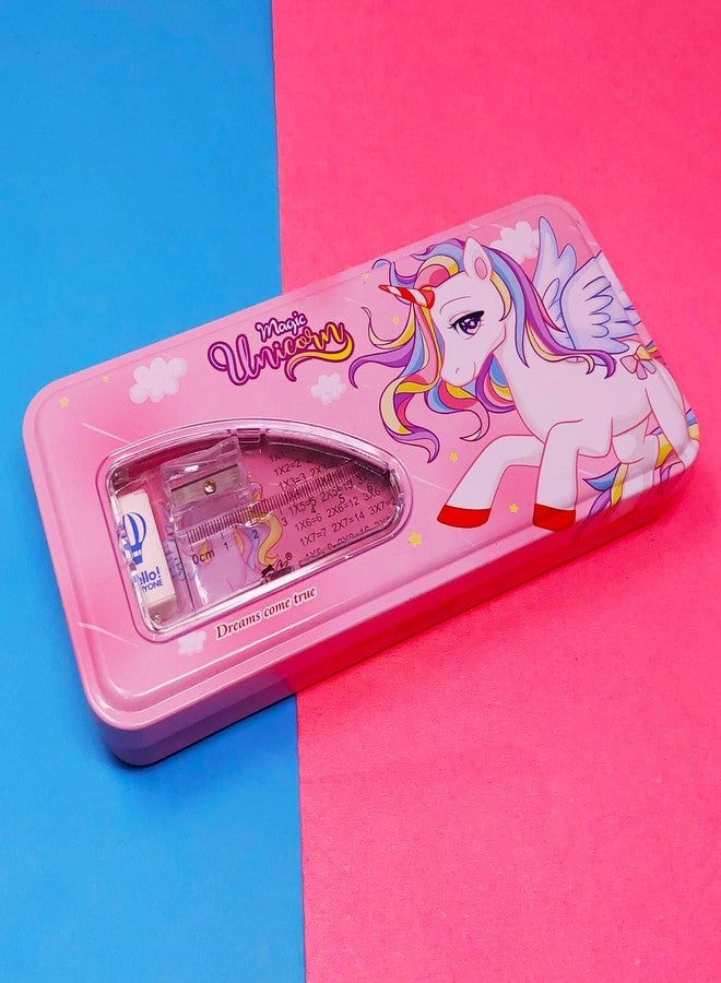 PARTEET Pink Combo Pack Of Cartoon Printed Metal Pencil Box Case With 2Pencils, 1Eraser, 1Scale, 1Sharpener, Stationery Set Double Layer Organizer For Kids, Birthday Return Gift (Assorted) - Image 4