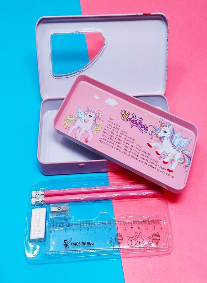 PARTEET Pink Combo Pack Of Cartoon Printed Metal Pencil Box Case With 2Pencils, 1Eraser, 1Scale, 1Sharpener, Stationery Set Double Layer Organizer For Kids, Birthday Return Gift (Assorted) - Image 2