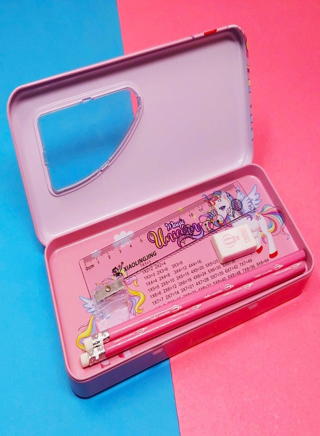 PARTEET Pink Combo Pack Of Cartoon Printed Metal Pencil Box Case With 2Pencils, 1Eraser, 1Scale, 1Sharpener, Stationery Set Double Layer Organizer For Kids, Birthday Return Gift (Assorted) - Image 5