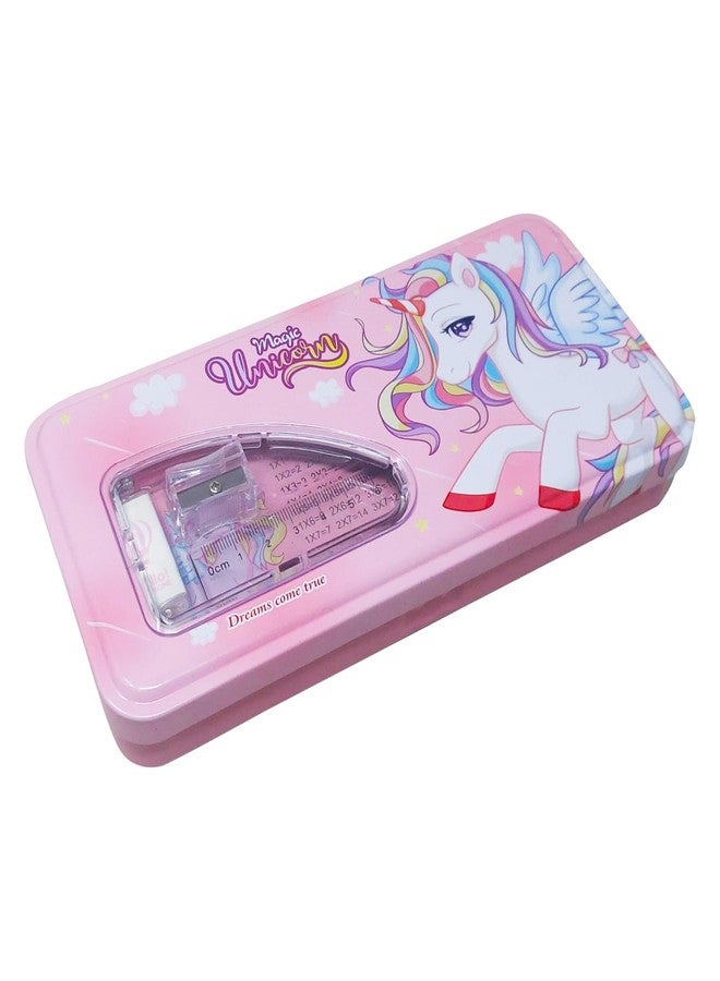 PARTEET Pink Combo Pack Of Cartoon Printed Metal Pencil Box Case With 2Pencils, 1Eraser, 1Scale, 1Sharpener, Stationery Set Double Layer Organizer For Kids, Birthday Return Gift (Assorted) - Image 1