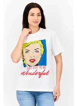 Women Oversized Fit Crew Neck Short Sleeves Graphic Print T-Shirt, White