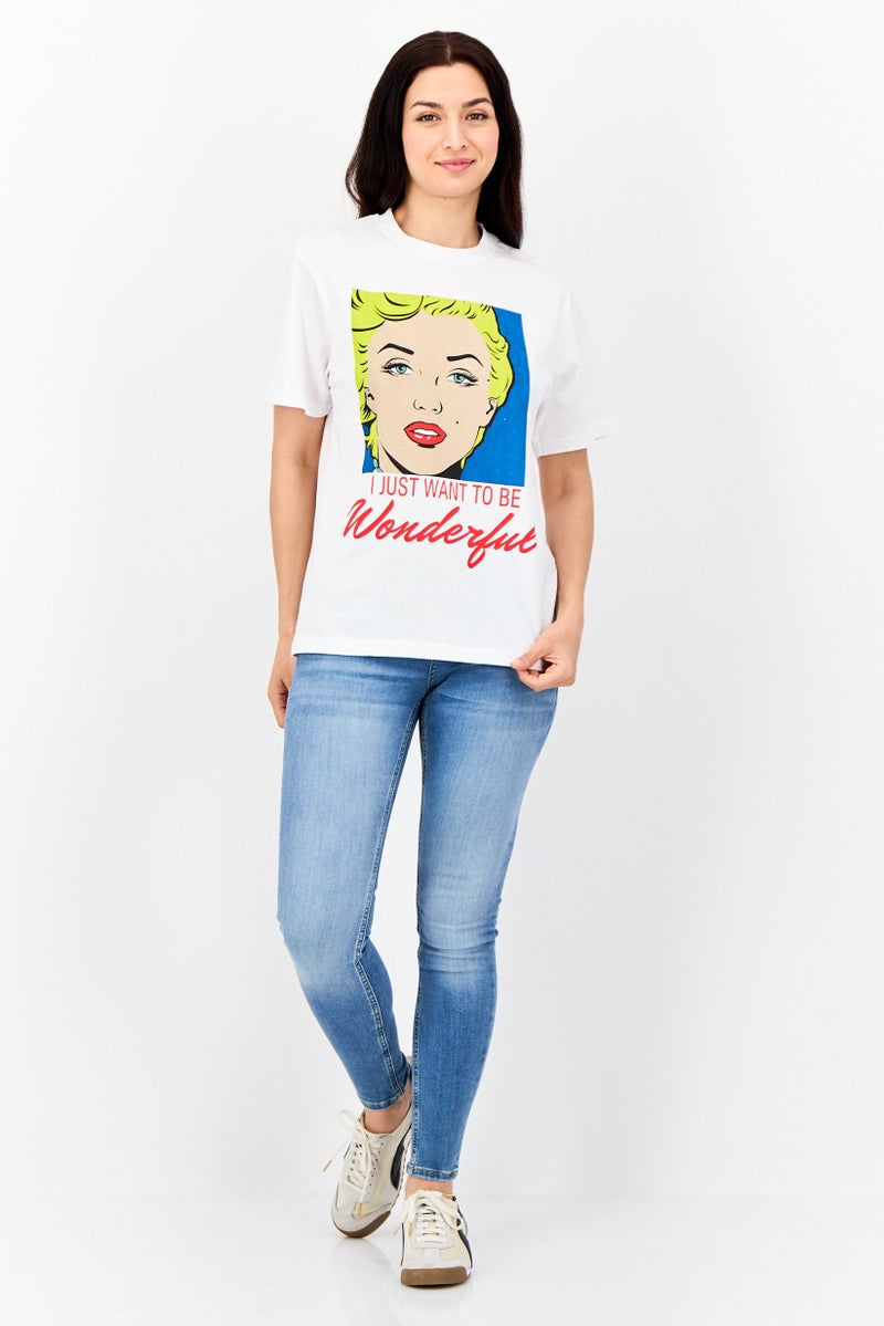 Marilyn Monroe تي شيرت نسائي بأكمام قصيرة وقصة فضفاضة بياقة دائرية، مطبوع برسومات، أبيض - Image 4