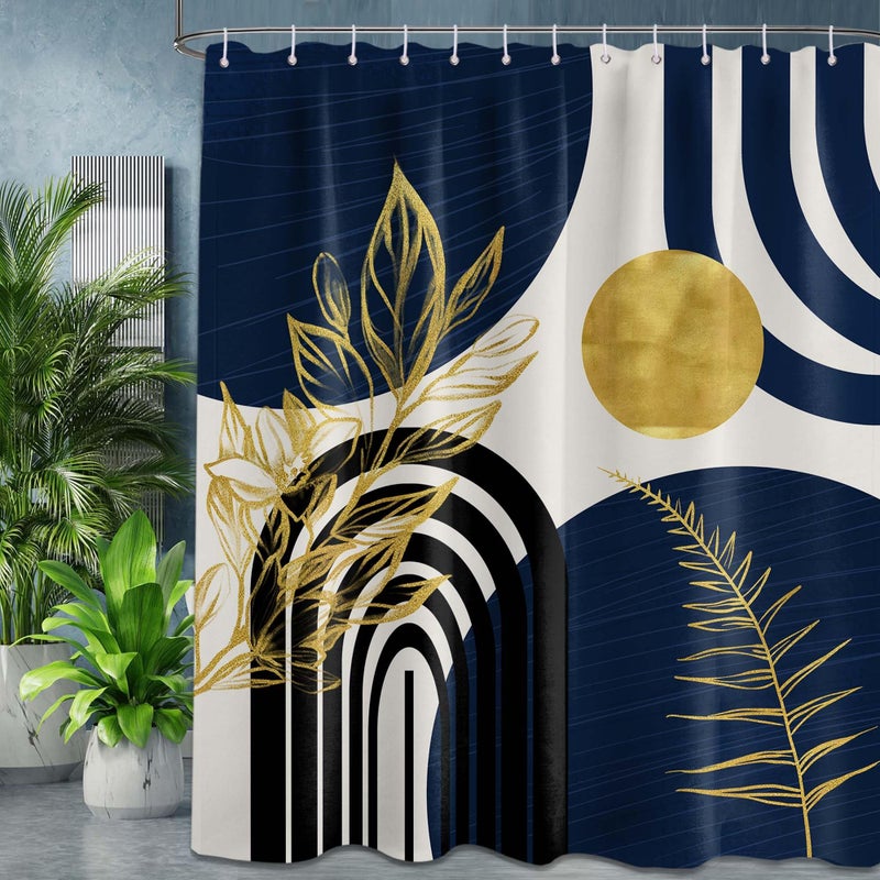QGHOT Boho Mid Century Modern Shower Curtain Navy Blue Shower Curtains for Mens Bathroom Decor Bohemian Dark Blue and Gold Leaves MCM Bath Curtain Set  Waterproof Fabric with Hooks  70"" W x 78"" L - Image 2