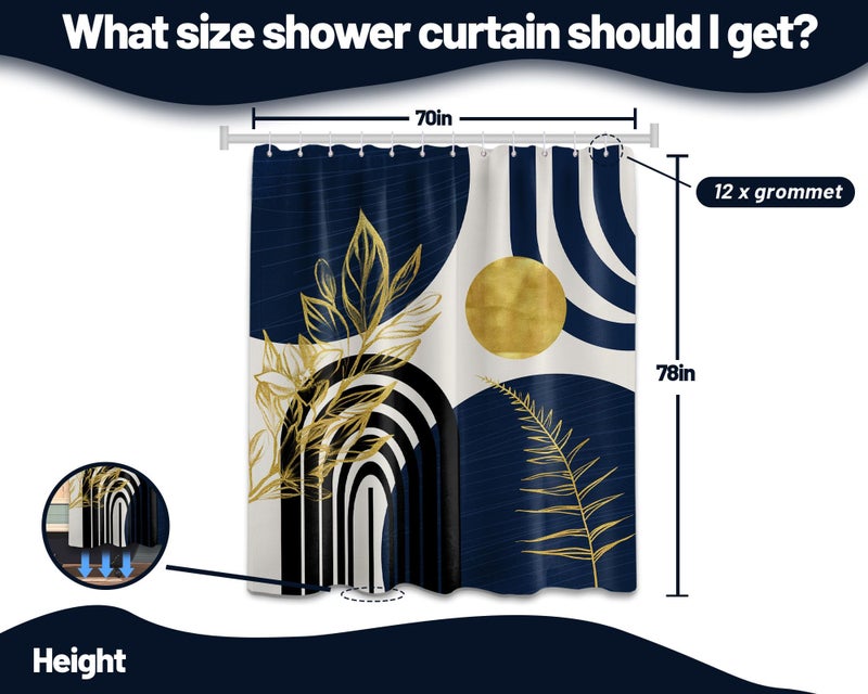 QGHOT Boho Mid Century Modern Shower Curtain Navy Blue Shower Curtains for Mens Bathroom Decor Bohemian Dark Blue and Gold Leaves MCM Bath Curtain Set  Waterproof Fabric with Hooks  70"" W x 78"" L - Image 4