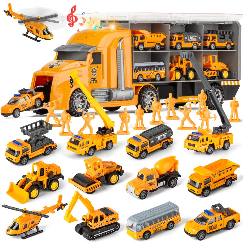 LerBao 25 in 1 Diecast Pull Back Construction Truck Vehicle Toys for 37Year Old Boy Sounds and Lights in Large Carrier Truck Age3 Kids Child Boy Toy Cars Birthday Gifts - Image 2