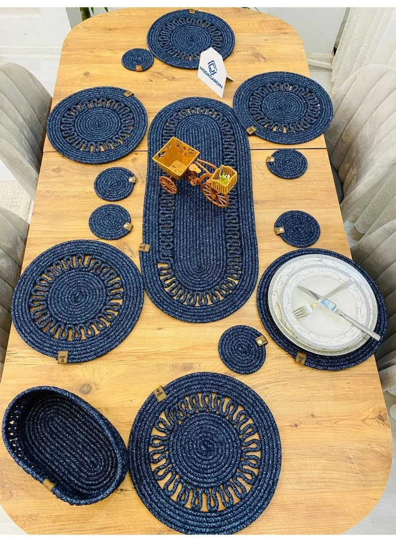 BDZ Deri BDZ Leather Jute Wicker American Service Supla Runner Basket and Cup Holder 14 Pieces
