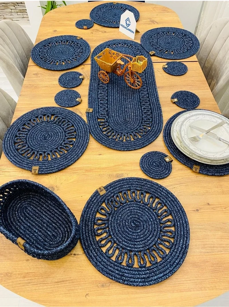 BDZ Deri BDZ Leather Jute Wicker American Service Supla Runner Basket and Cup Holder 14 Pieces