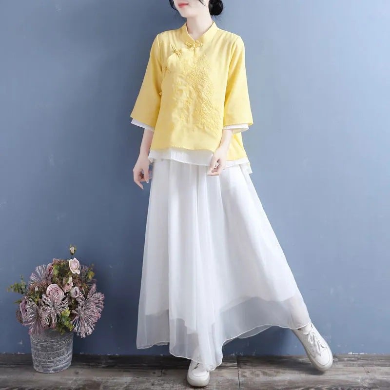 2023 Cotton And Linen Shirt Women'S Embroidered Artistic Retro Buckle Slant Placket Seven-Point Sleeve Tea Top For Women - Image 4