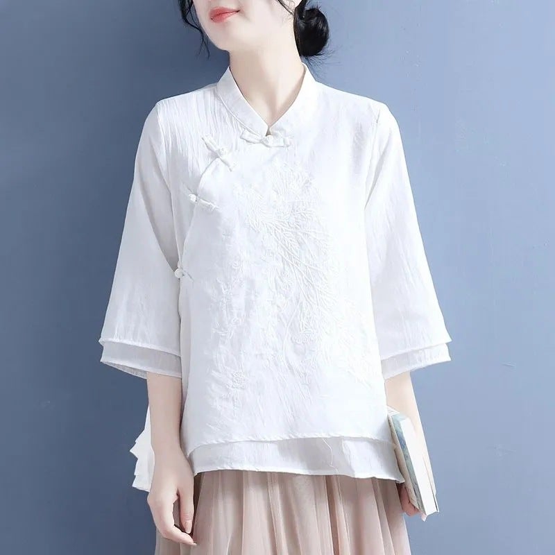 2023 Cotton And Linen Shirt Women'S Embroidered Artistic Retro Buckle Slant Placket Seven-Point Sleeve Tea Top For Women - Image 1