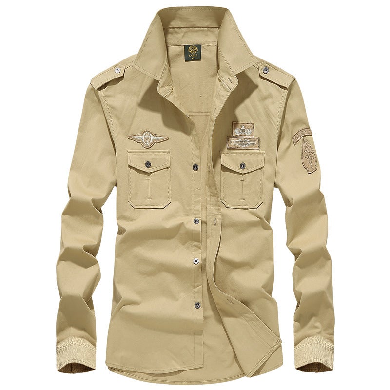 Cross-border AliExpress Amazon Spring and Autumn New Arrival Workwear Mens Long Sleeve Shirt Outdoor plus size Casual Shirt for Men Khaki  - Image 1