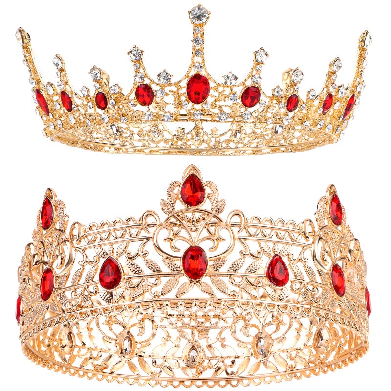 Haomian 2 Pieces Prom King and Queen Crown Set King Crowns for Men Royal Crown with Red Rhinestone Crystal Crowns for Men Women Princess Tiara Costume Headwear for Wedding Birthday Party Costume - Image 1