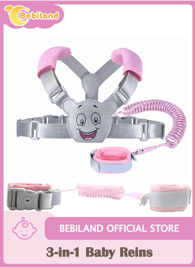Bebiland 3-in-1 Baby Reins Walking Harness for Toddlers, Kids, Children, Anti Lost Safety Wrist Cuff with Lock / Backpack /1.5m Bungee Straps Link (Pink/Grey)  - Image 1