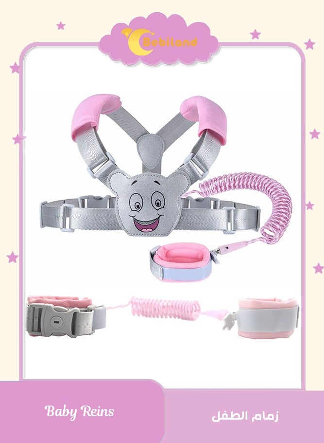 Bebiland 3-in-1 Baby Reins Walking Harness for Toddlers, Kids, Children, Anti Lost Safety Wrist Cuff with Lock / Backpack /1.5m Bungee Straps Link (Pink/Grey) - Image 1