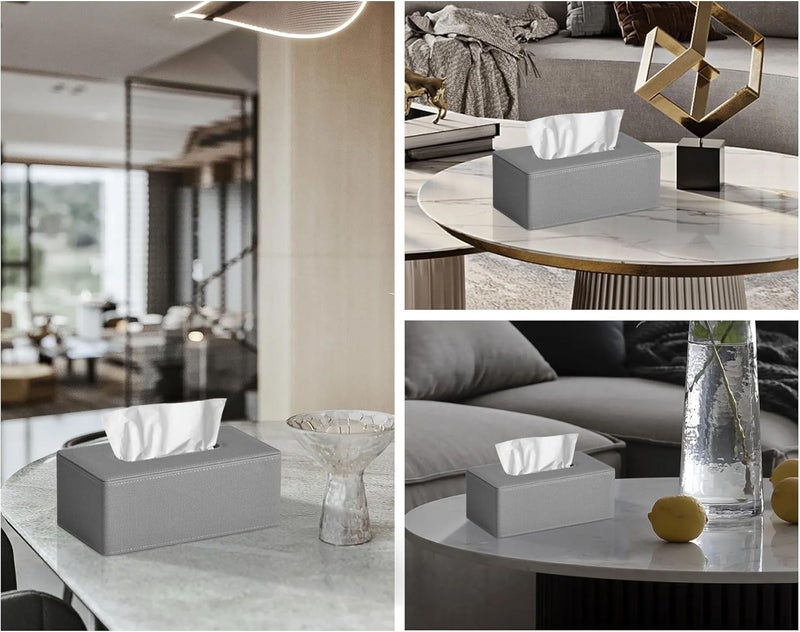 GOLRANLYE غطاء صندوق المناديل مستطيل 9.8 بوصة (طول) × 5.3 بوصة (عرض) × 4.3 بوصة (ارتفاع) موزع مناديل وجه من الجلد الصناعي المحدث المكرر لحامل صندوق لتزيين خزانة الحمام (بيج) - Image 3