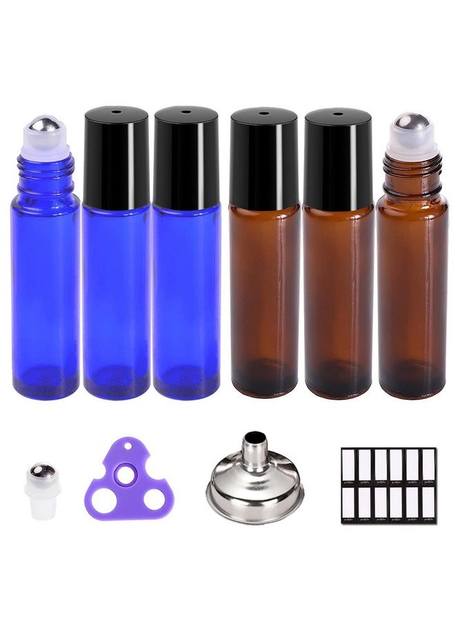 PrettyCare - Roller Bottles For Oils 10 Ml (Amber Glass And Blue Glass, 6 Pack, 1 Extra Stainless Steel Balls, 12 Labels, 1 Opener, 1 Funnels Essential Oil Roller Bottles, Roller On Bottles - Image 1