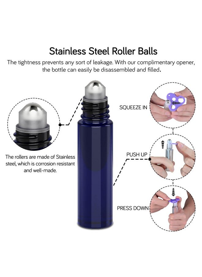 PrettyCare - Roller Bottles For Oils 10 Ml (Amber Glass And Blue Glass, 6 Pack, 1 Extra Stainless Steel Balls, 12 Labels, 1 Opener, 1 Funnels Essential Oil Roller Bottles, Roller On Bottles - Image 1
