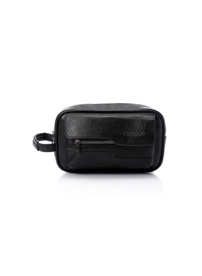 Faux Leather Handbag With An External Pocket - Black