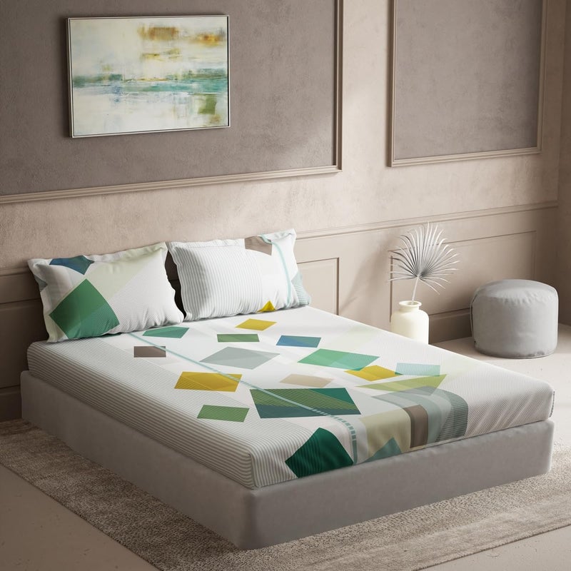 DDECOR Live beautiful Ddecor Pack of 1 Geometric Cotton Double Bedsheet with 2 Pillow Covers Green 
