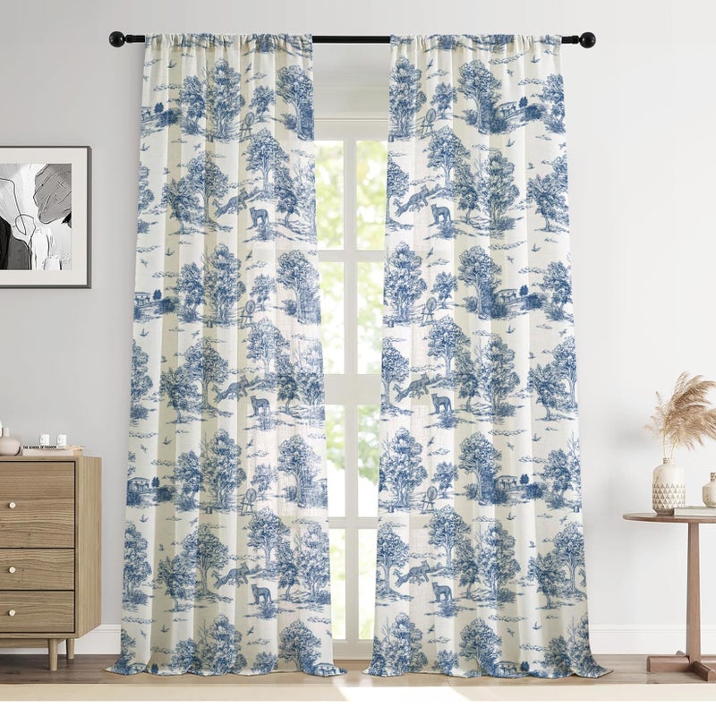 LOVOUS Vintge Blue Tolie Curtains 84 Inch Length Linen Toile de Jouy Light Filtering French Country Window Curtain for Living Room Bedroom Rod Pocket Victorian Window Treatments Drapes,2 Panels - Image 1