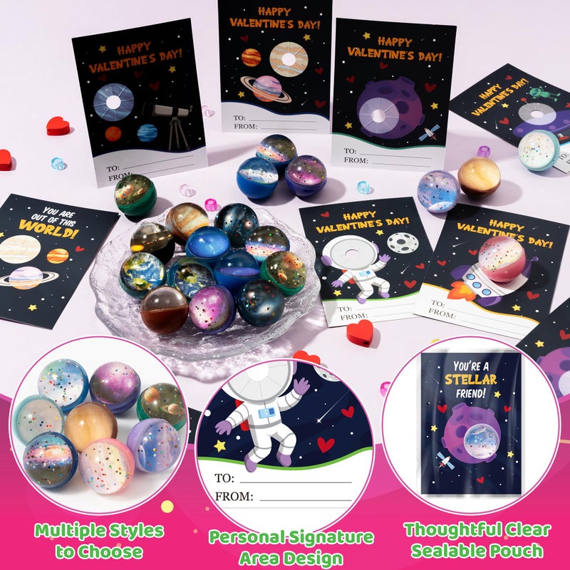 TICIAGA Valentineâ€™s Day Space Exchange Gift - 24 Pack Galaxy Astronaut Greeting Card with Space Bounce Ball and Bag Bulk for Kid, Planet Galaxy Fidget Toy for Valentine Goodie Bag Stuffers Party Favor - Image 3
