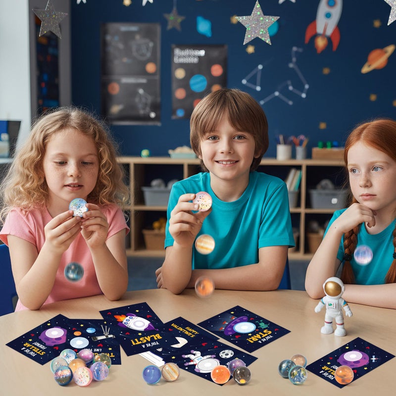 TICIAGA Valentineâ€™s Day Space Exchange Gift - 24 Pack Galaxy Astronaut Greeting Card with Space Bounce Ball and Bag Bulk for Kid, Planet Galaxy Fidget Toy for Valentine Goodie Bag Stuffers Party Favor - Image 5