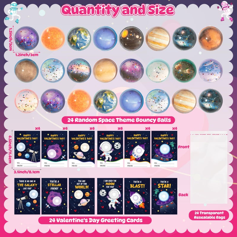 TICIAGA Valentineâ€™s Day Space Exchange Gift - 24 Pack Galaxy Astronaut Greeting Card with Space Bounce Ball and Bag Bulk for Kid, Planet Galaxy Fidget Toy for Valentine Goodie Bag Stuffers Party Favor - Image 2
