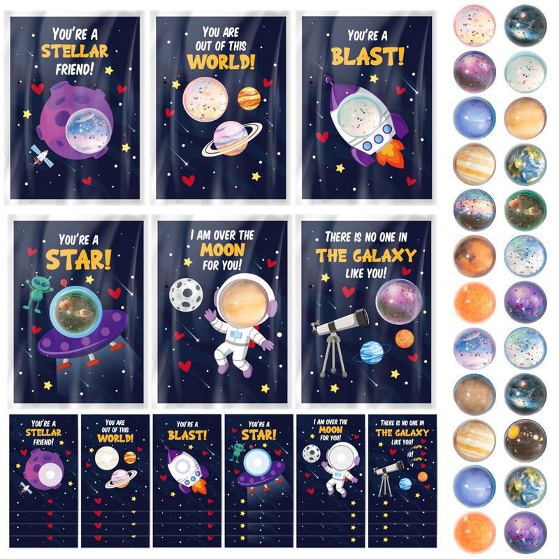 TICIAGA Valentineâ€™s Day Space Exchange Gift - 24 Pack Galaxy Astronaut Greeting Card with Space Bounce Ball and Bag Bulk for Kid, Planet Galaxy Fidget Toy for Valentine Goodie Bag Stuffers Party Favor - Image 1