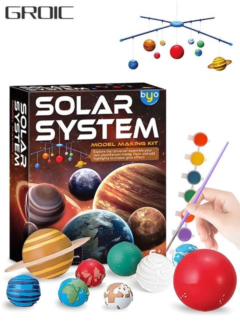 Solar System Making Kit, DIY Arts and Crafts Science Kit STEM Educational Planets Model Space Decor for Kids, Easy to Hang and Assemble, Space Planet Discovery Toy with Paint and Brushes