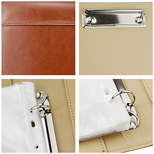 Enyuwlcm PU Leather Padfolio Ring Binder with Clipboard Resume Leather Portfolio with 20 Clear Plastic Sleeves Brown - Image 5