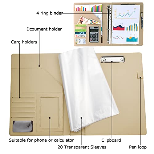 Enyuwlcm PU Leather Padfolio Ring Binder with Clipboard Resume Leather Portfolio with 20 Clear Plastic Sleeves Brown - Image 4