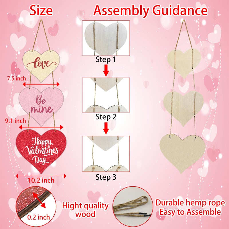 YUNKKIN Valentines Day Door Decorations Happy Valentines Day Sign Heart Wreath Wall Decor Hanging Decorations Wooden Wreaths for Front Door Hanger for Porch Wall Indoor Home Decor - Image 2