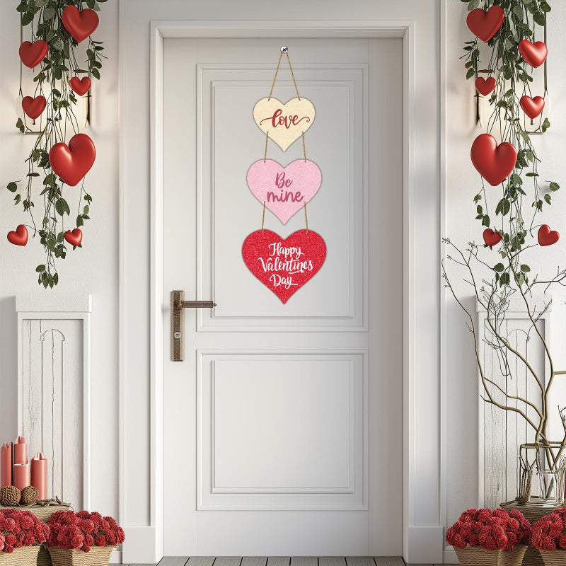 YUNKKIN Valentines Day Door Decorations Happy Valentines Day Sign Heart Wreath Wall Decor Hanging Decorations Wooden Wreaths for Front Door Hanger for Porch Wall Indoor Home Decor - Image 3