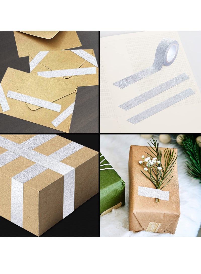 إكسفور Silver Glitter Washi Tape Set, 12 Rolls Crafting Tape Glitter Masking Tape for Festival Decoration Scrapbooking, Journal, Planner, Gift Wrapping, 0.6 Inch Wide - Image 4