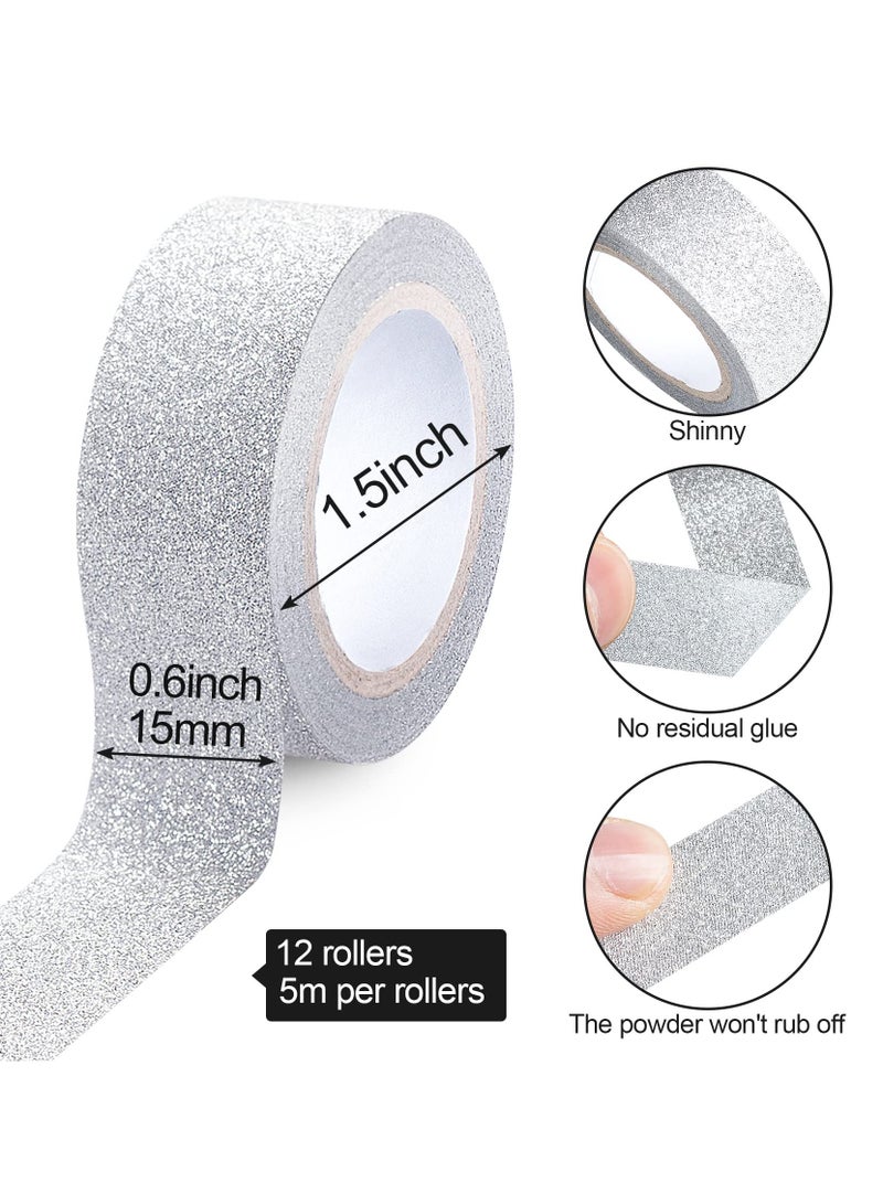 إكسفور Silver Glitter Washi Tape Set, 12 Rolls Crafting Tape Glitter Masking Tape for Festival Decoration Scrapbooking, Journal, Planner, Gift Wrapping, 0.6 Inch Wide - Image 2