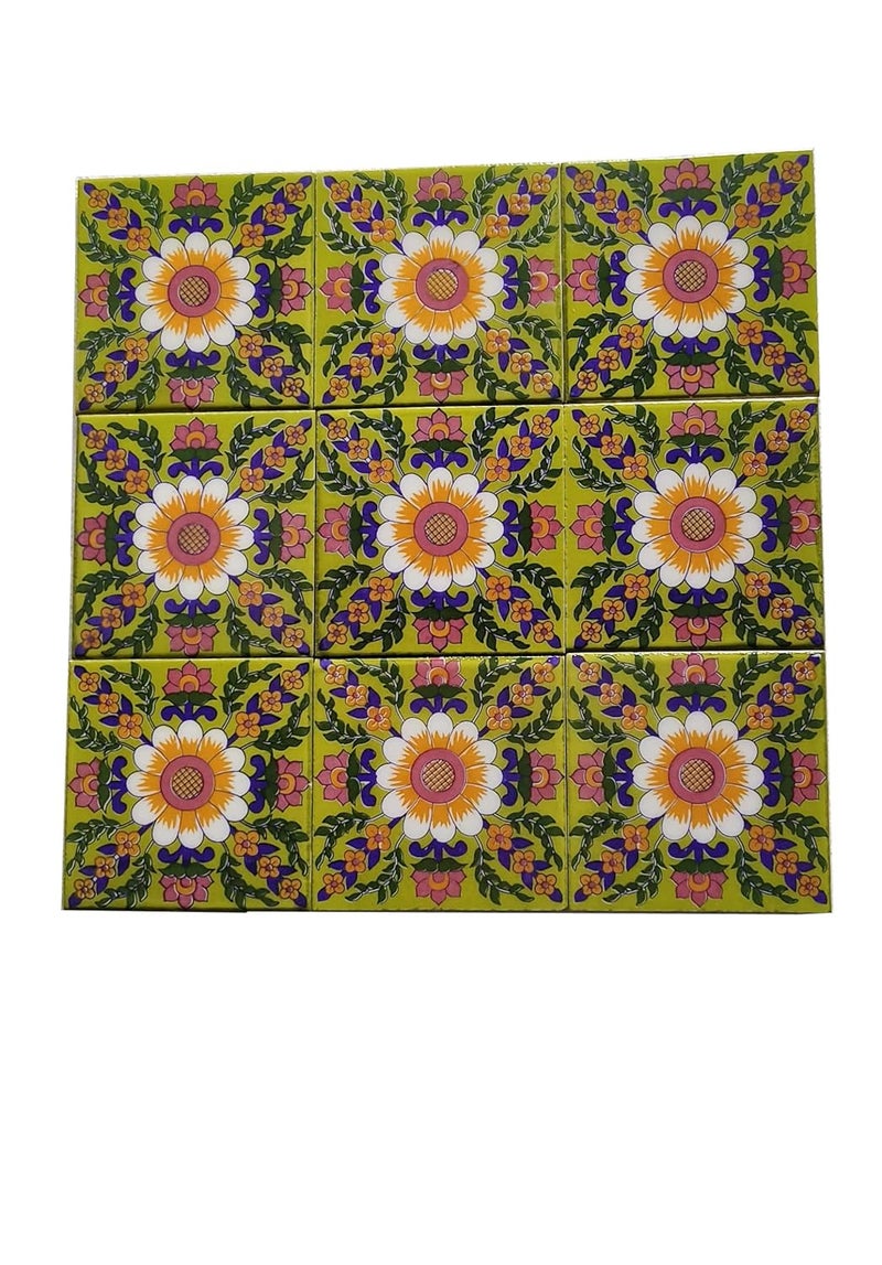 Shiv Kripa Blue Pottery Luxury Floral Decorative Crafted Tabletop Flooring Wall Interior Exterior Traditional 4 x 4 inch Tiles Pack of 9 Tiles Green