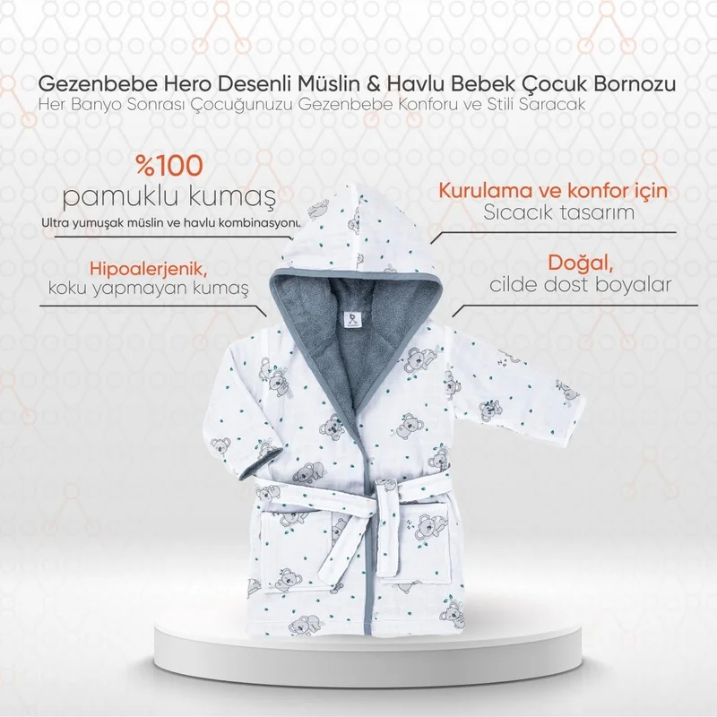 Gezenbebe Hero Patterned Muslin & Towel Baby Child Bathrobe Koala