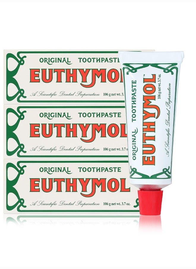 Euthymol EUTHYMOL Original Toothpaste (3.7fl oz*3, Pack of 3) - Fluoride-Free Toothpaste for Sensitive Teeth & Gum. Bad Breath, Cavity Prevention, 12-Hour Long Lasting Freshness with Wintergreen  - Image 1