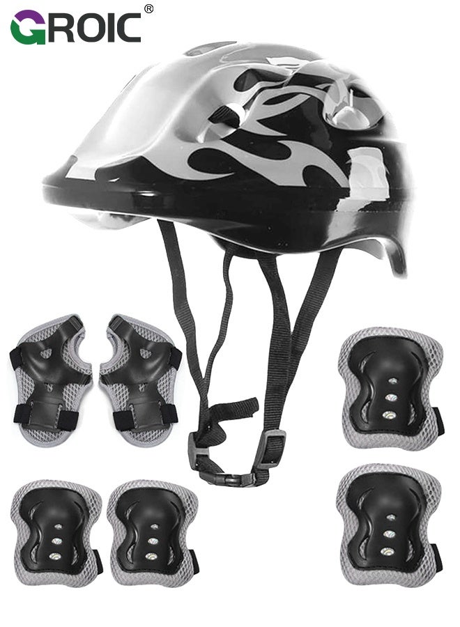 GROIC Kids Protective Gear Adjustable Protective Helmet,Kids Helmet Knee Elbow Pads Wrist Guard Sport Protective Gear Adjustable Scooter Skateboard Roller Bike Skate Cycling Safety Set - Black - Image 1